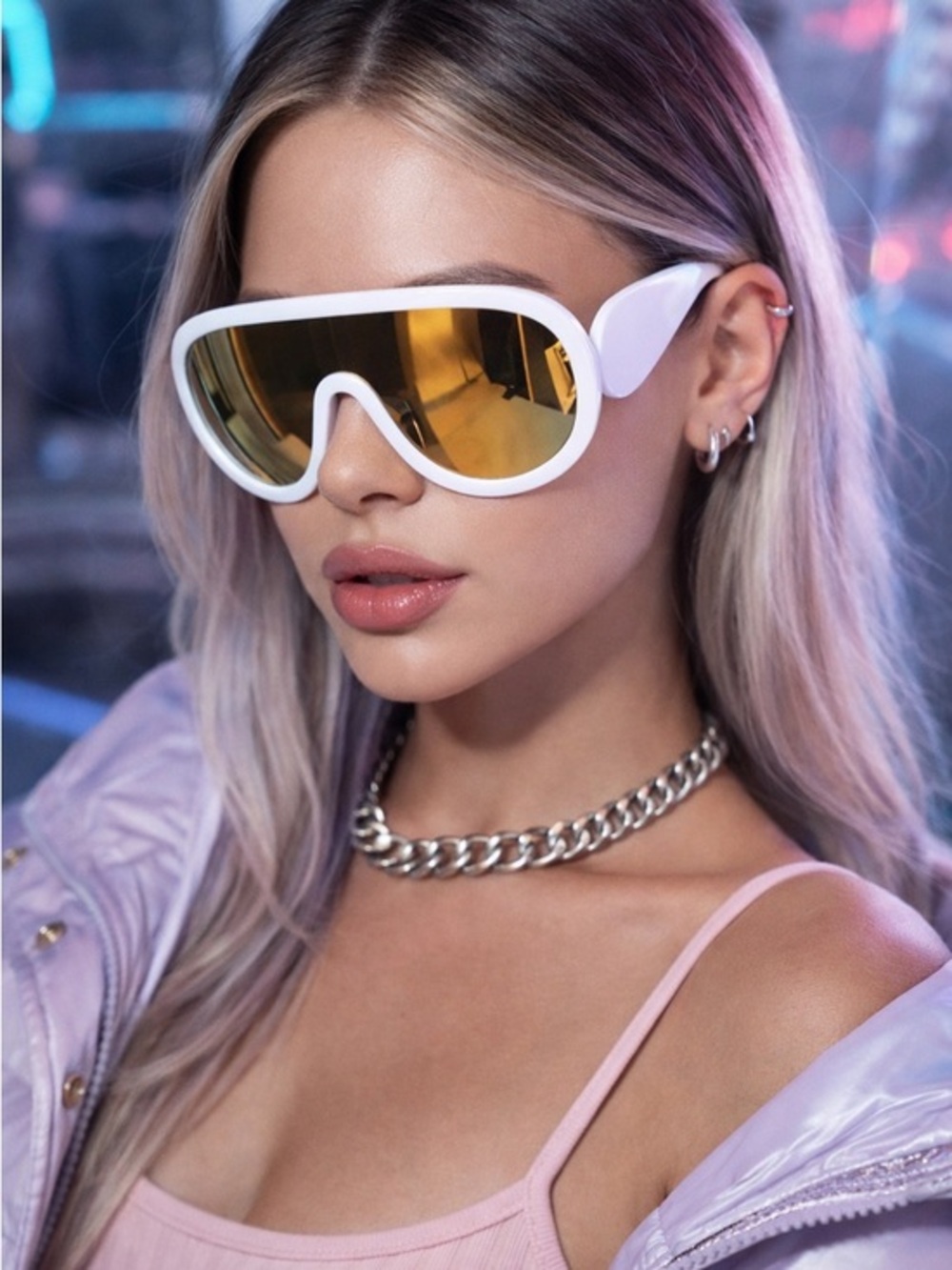 White Y2K Futuristic Oversized Shield Sunglasses Gold Lens